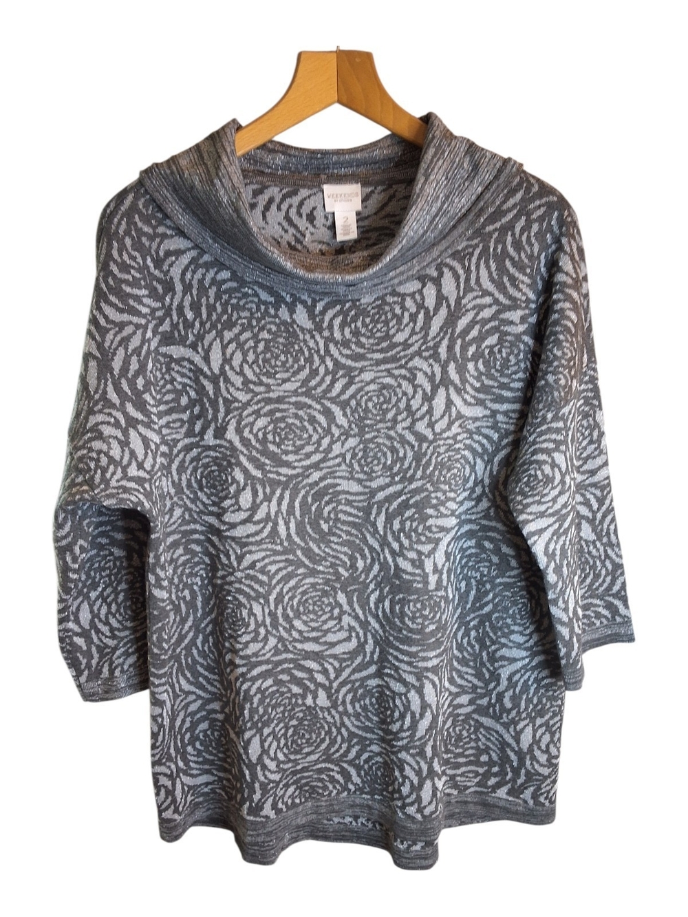 Weekend By Chicos Grey Metallic Cowl Neck Sweater Rose Design Sz Large